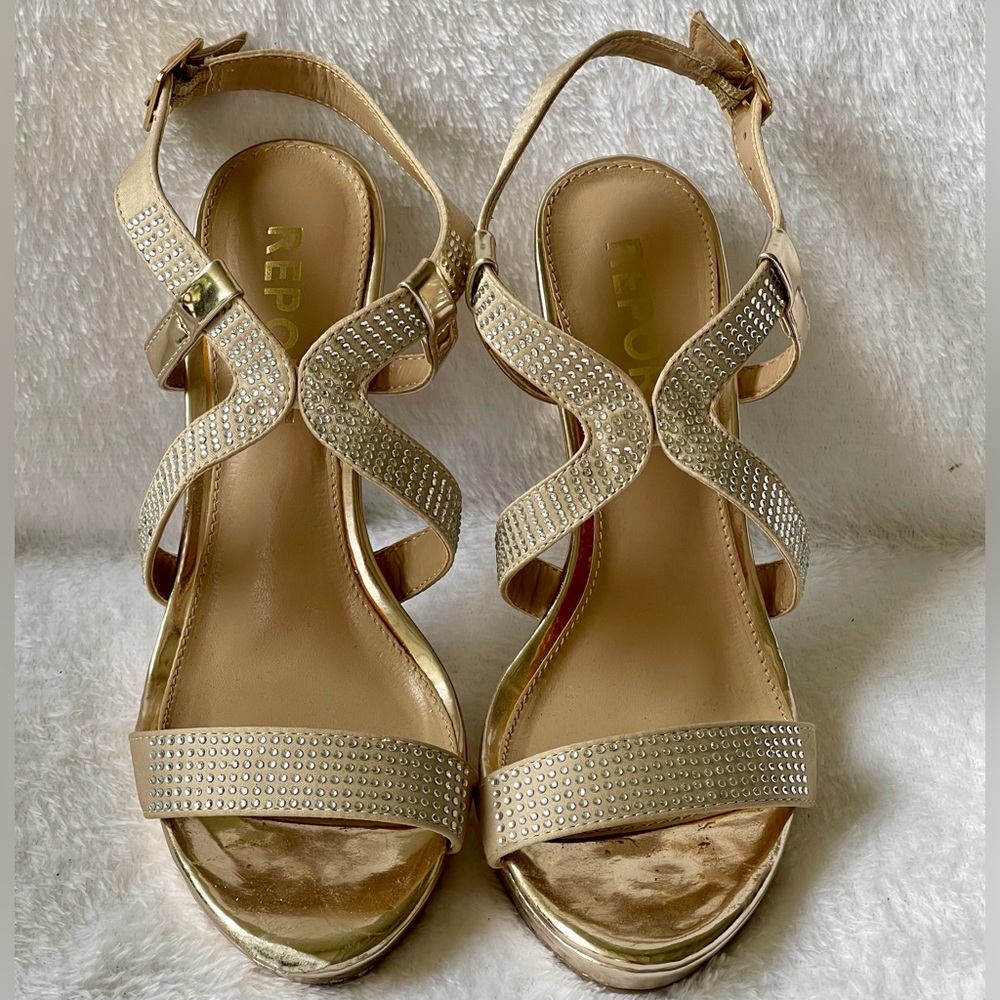 REPORT Stiletto Heel Sandals ~ Women Sz 6 ~ Gold Platform ~ Embellished Straps